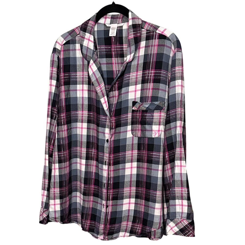 Victoria's Secret XL Plaid Flannel Pajama Top Long‎ Sleeve Button Front